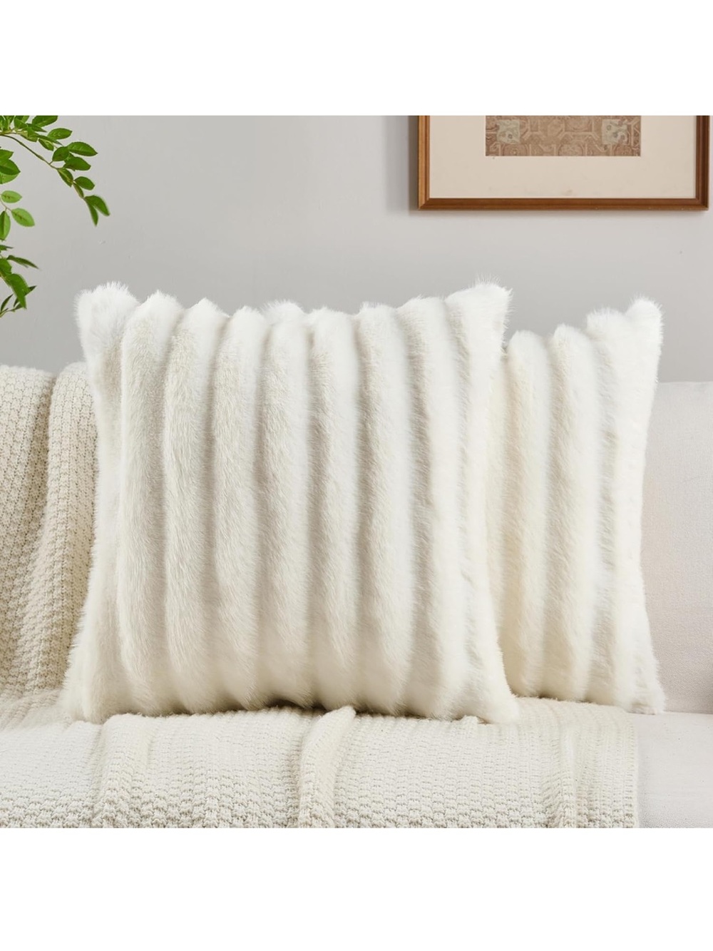 NWT Pack of 2 Faux Mink Fur Throw Pillow Covers 18x18 Inch, Cream White